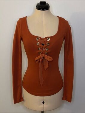 Free People Looking Back Long Sleeve Lace Up Top, Burnt Sienna, Rust, S